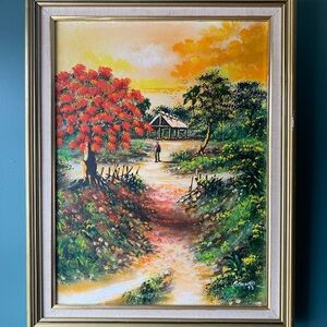 Signed Dominican Landscape Painting with Gold Frame